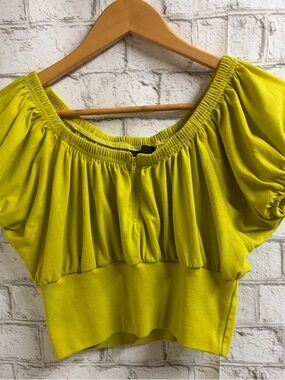 Vintage Bright Yellow/Green Puff-Sleeve Crop Top with Ruched Neckline 80’s KISS